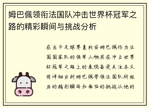 姆巴佩领衔法国队冲击世界杯冠军之路的精彩瞬间与挑战分析