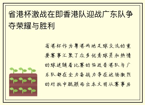 省港杯激战在即香港队迎战广东队争夺荣耀与胜利