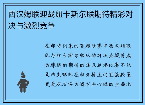 西汉姆联迎战纽卡斯尔联期待精彩对决与激烈竞争