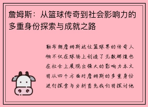 詹姆斯：从篮球传奇到社会影响力的多重身份探索与成就之路