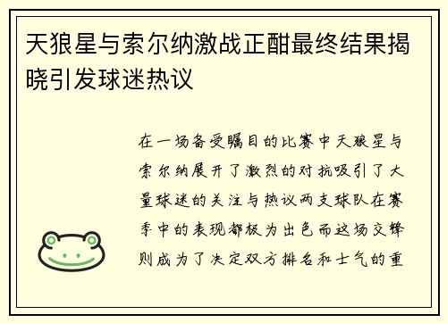 天狼星与索尔纳激战正酣最终结果揭晓引发球迷热议