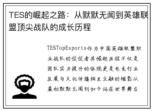 TES的崛起之路：从默默无闻到英雄联盟顶尖战队的成长历程