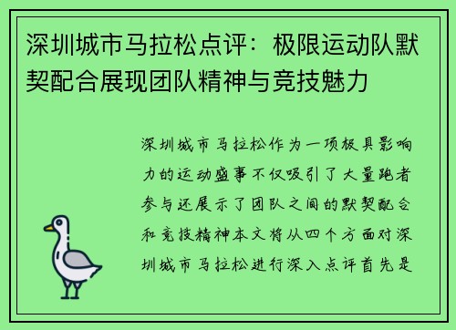 深圳城市马拉松点评：极限运动队默契配合展现团队精神与竞技魅力