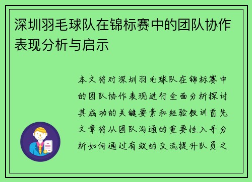 深圳羽毛球队在锦标赛中的团队协作表现分析与启示