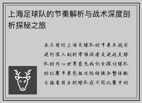 上海足球队的节奏解析与战术深度剖析探秘之旅