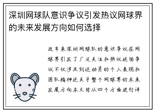 深圳网球队意识争议引发热议网球界的未来发展方向如何选择