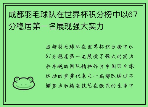 成都羽毛球队在世界杯积分榜中以67分稳居第一名展现强大实力
